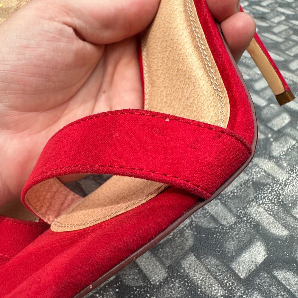 Liliana Red Open Toe Velvet Ankle Strap High Heel Sandal Pump Size 9 Stiletto - Picture 10 of 16